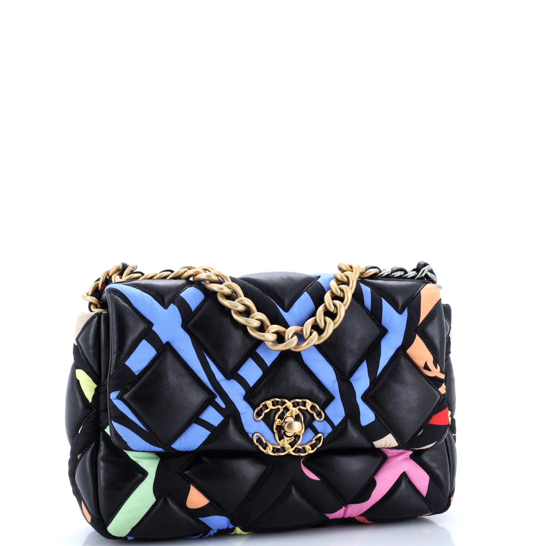 19 Flap Bag Quilted Lambskin and Printed Silk Medium