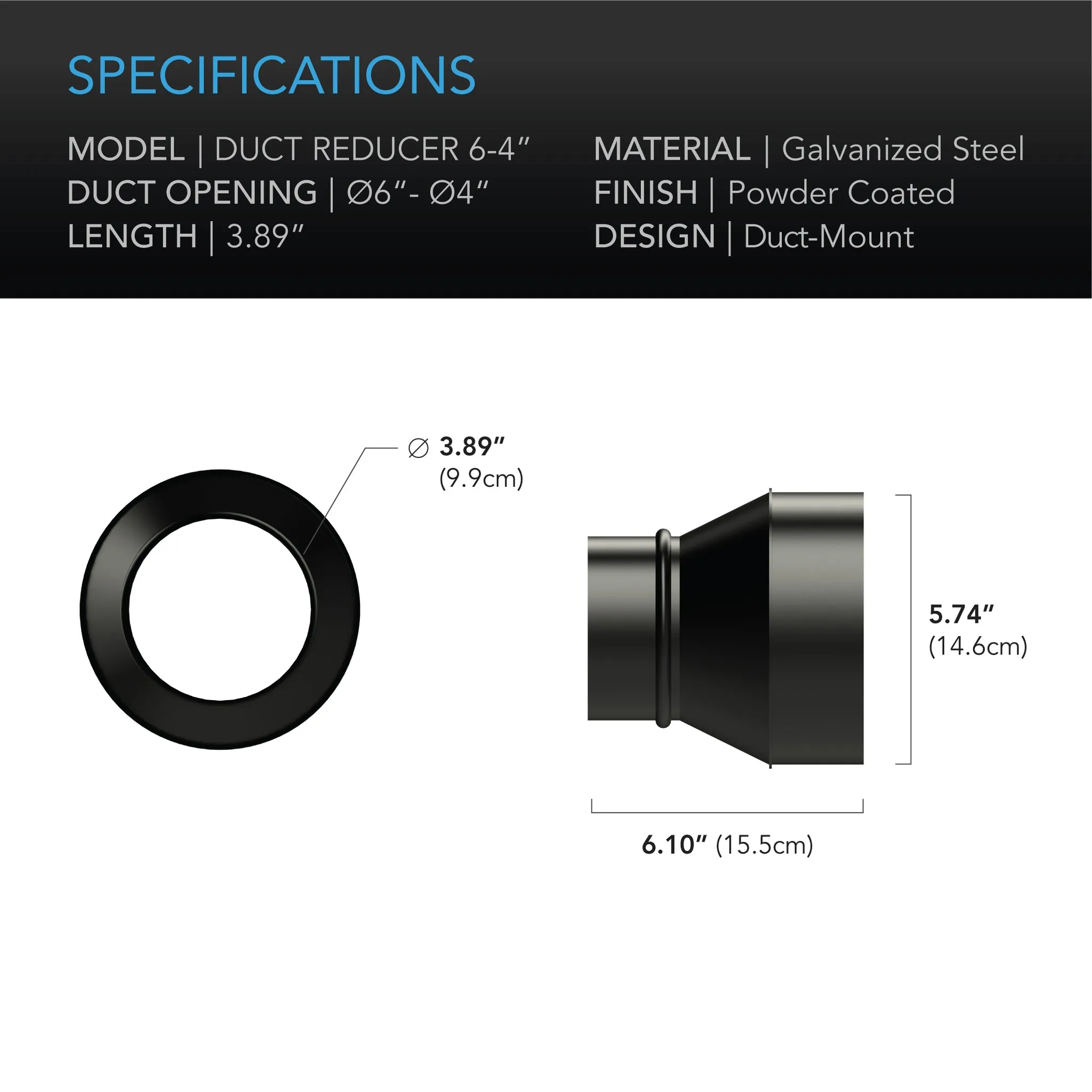 AC Infinity Duct Reducer, 6 inch to 4 inch Adapter Cone, Galvanized