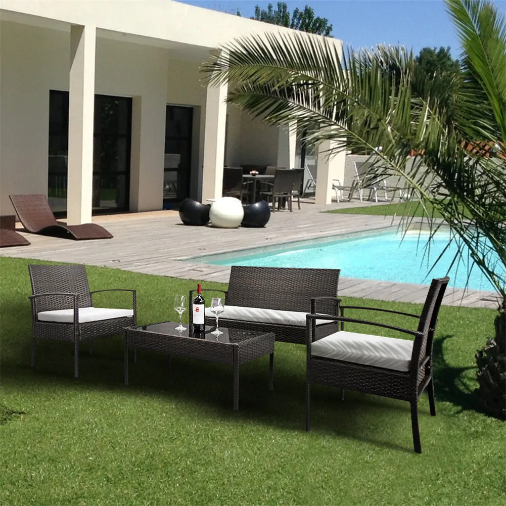 AMYOVE 4pcs Embossing Armrest Chairs Love Double Seat Single Sofa Coffee Table Rattan Sofa Set