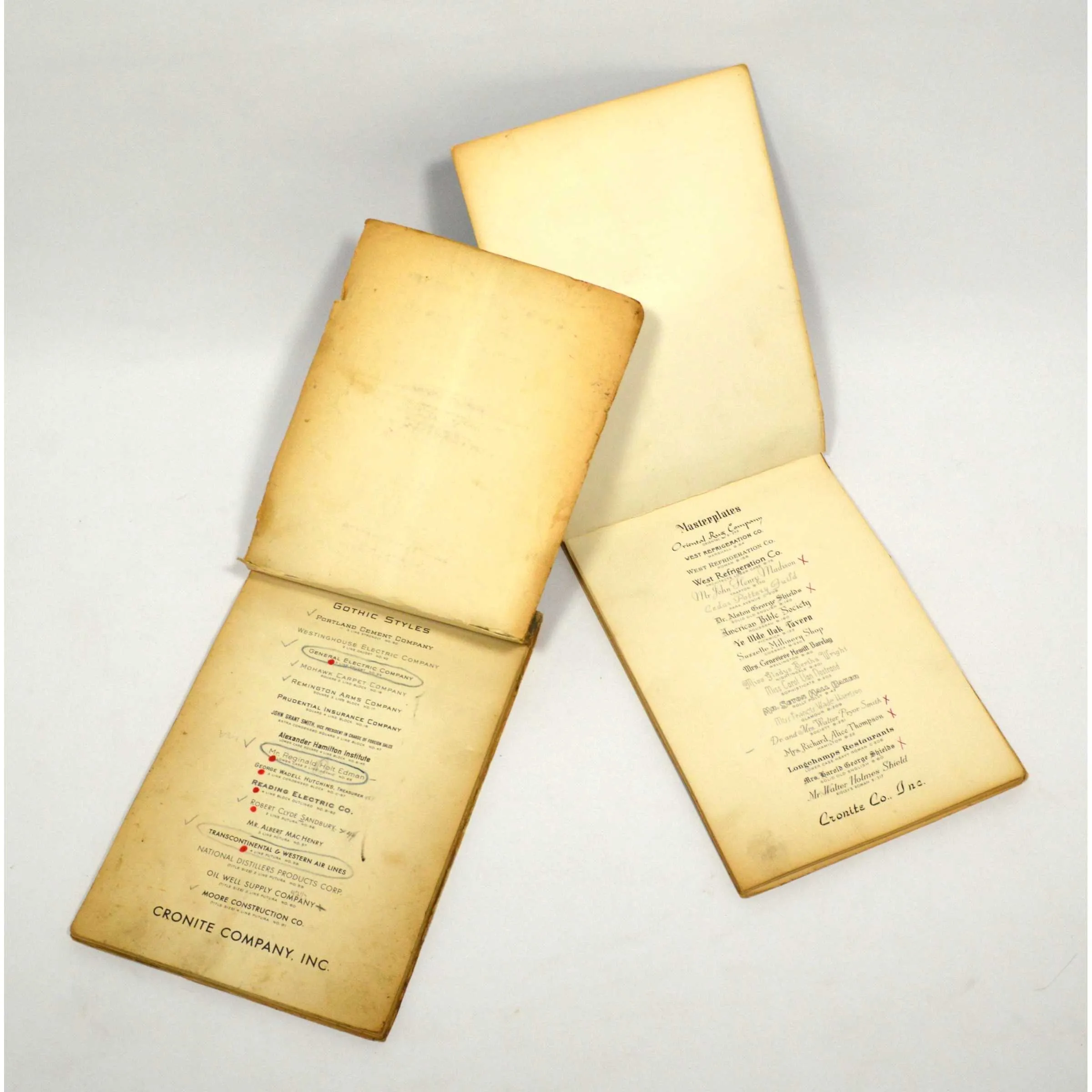Antique CRONITE ENGRAVING FONTS "MASTERPLATE" LISTS Lot of 2   SIGNED T-SQUARE!