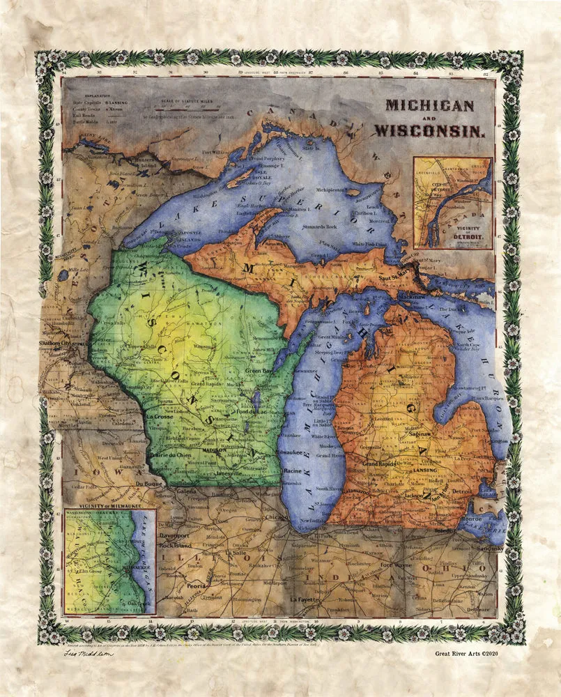 Antique Map of Wisconsin and Michigan, Lake Michigan, Antique Reproduction Map for Wall Decoration, Lake Superior, Old Map Print, 1858 map