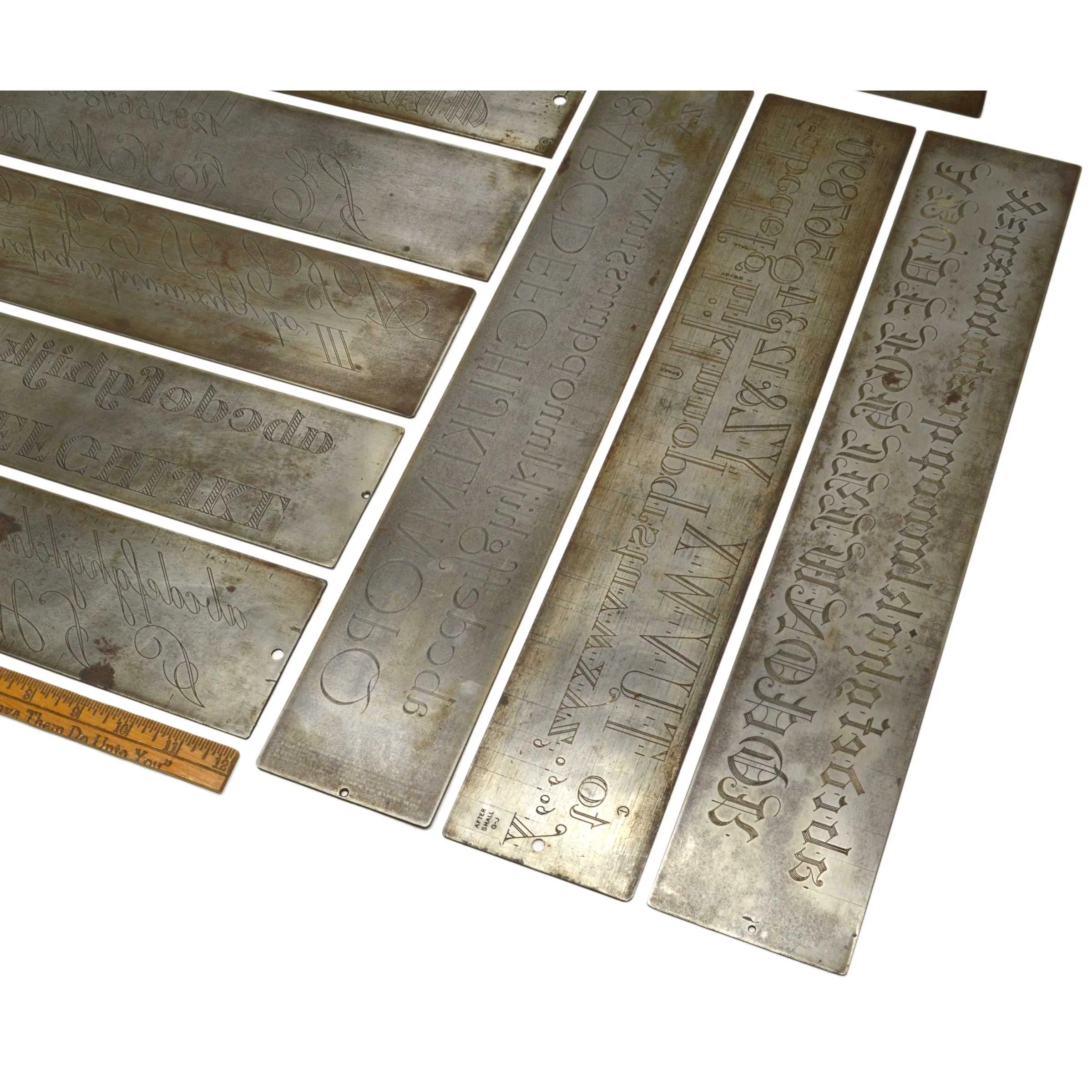Antique "CRONITE" ENGRAVING FONT PLATE Lot of 9 Plates for ENGRAVER & PANTOGRAPH