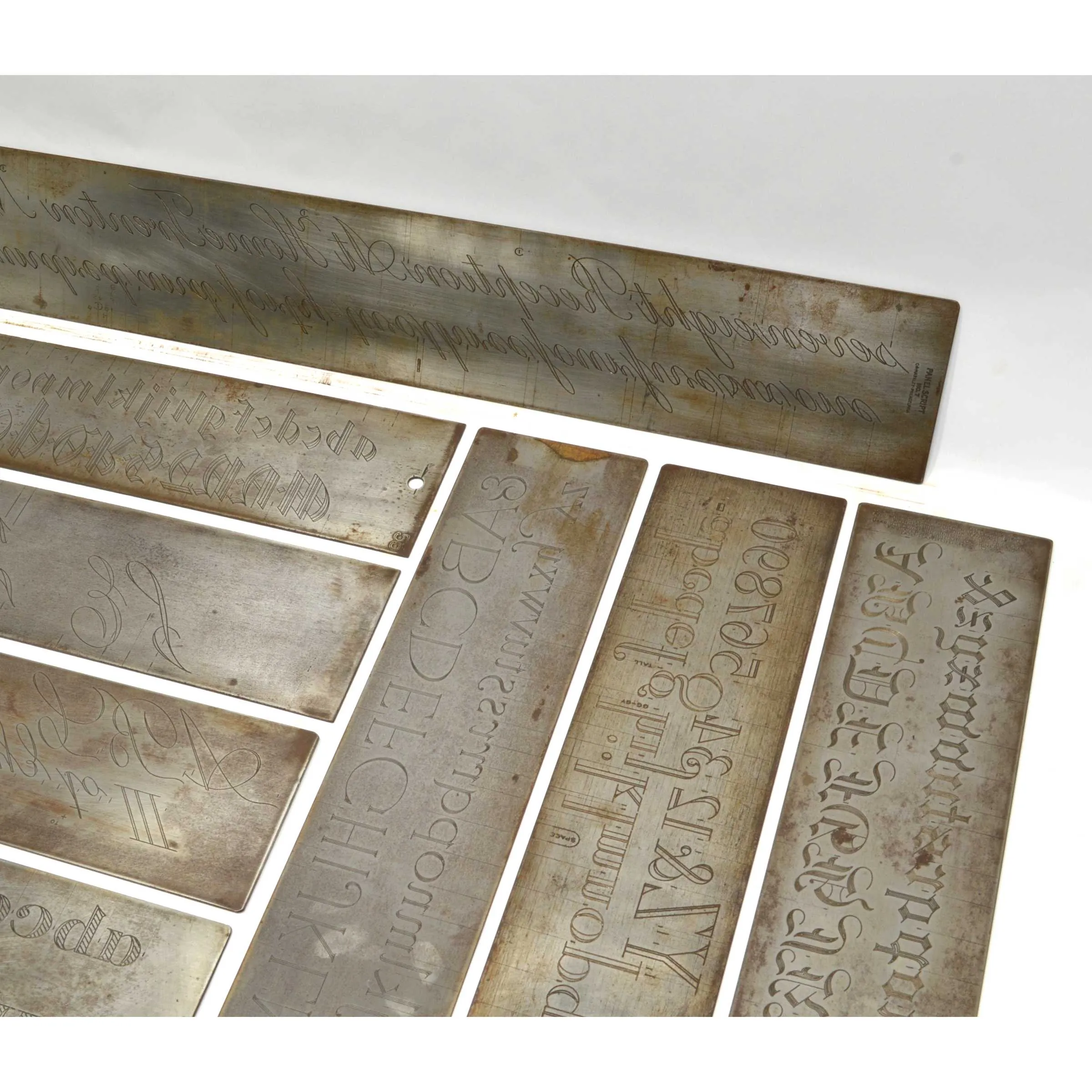 Antique "CRONITE" ENGRAVING FONT PLATE Lot of 9 Plates for ENGRAVER & PANTOGRAPH