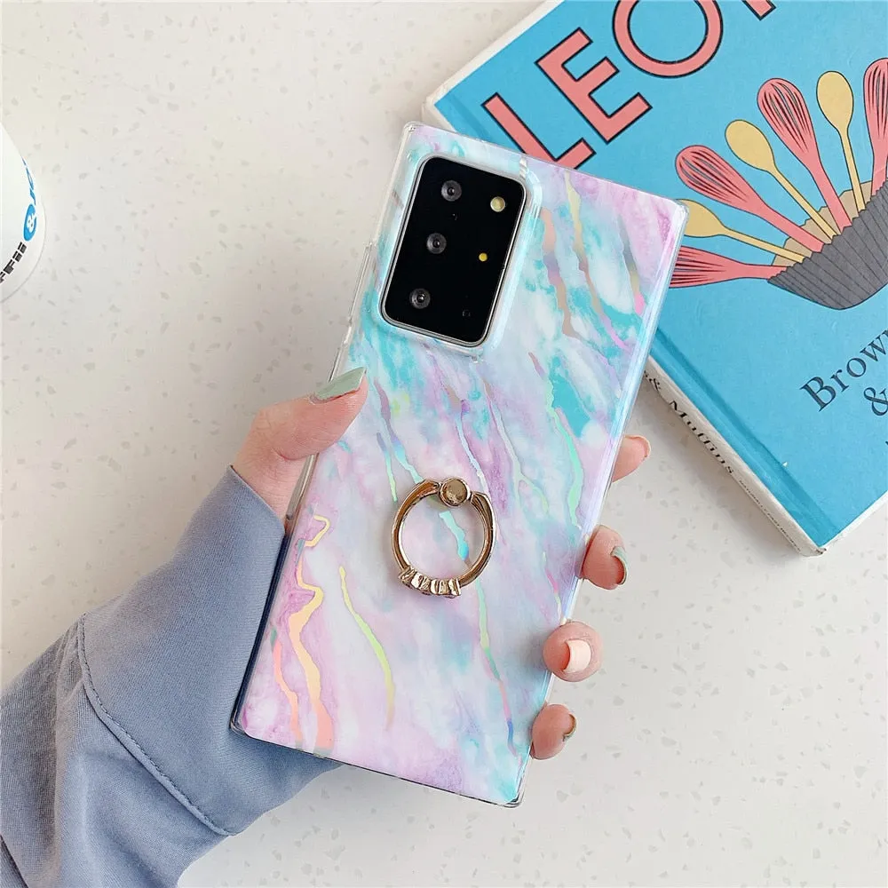 Anymob Samsung Case Peach and Blue Laser Marble Gradient Ring Holder Back Cover
