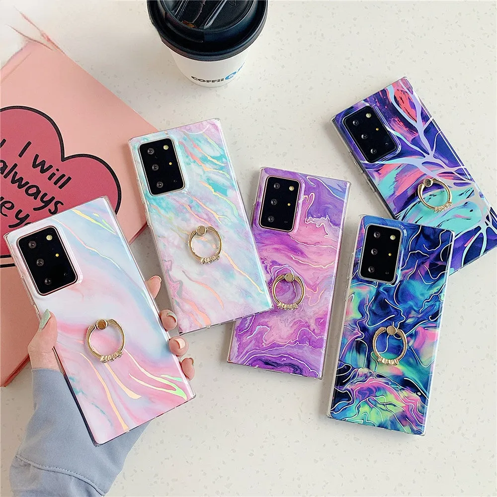 Anymob Samsung Green Leaf Laser Marble Gradient Phone Case Ring Holder Back Cover