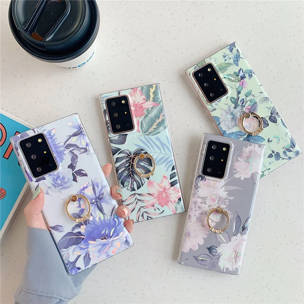 Anymob Samsung Green Leaf Laser Marble Gradient Phone Case Ring Holder Back Cover