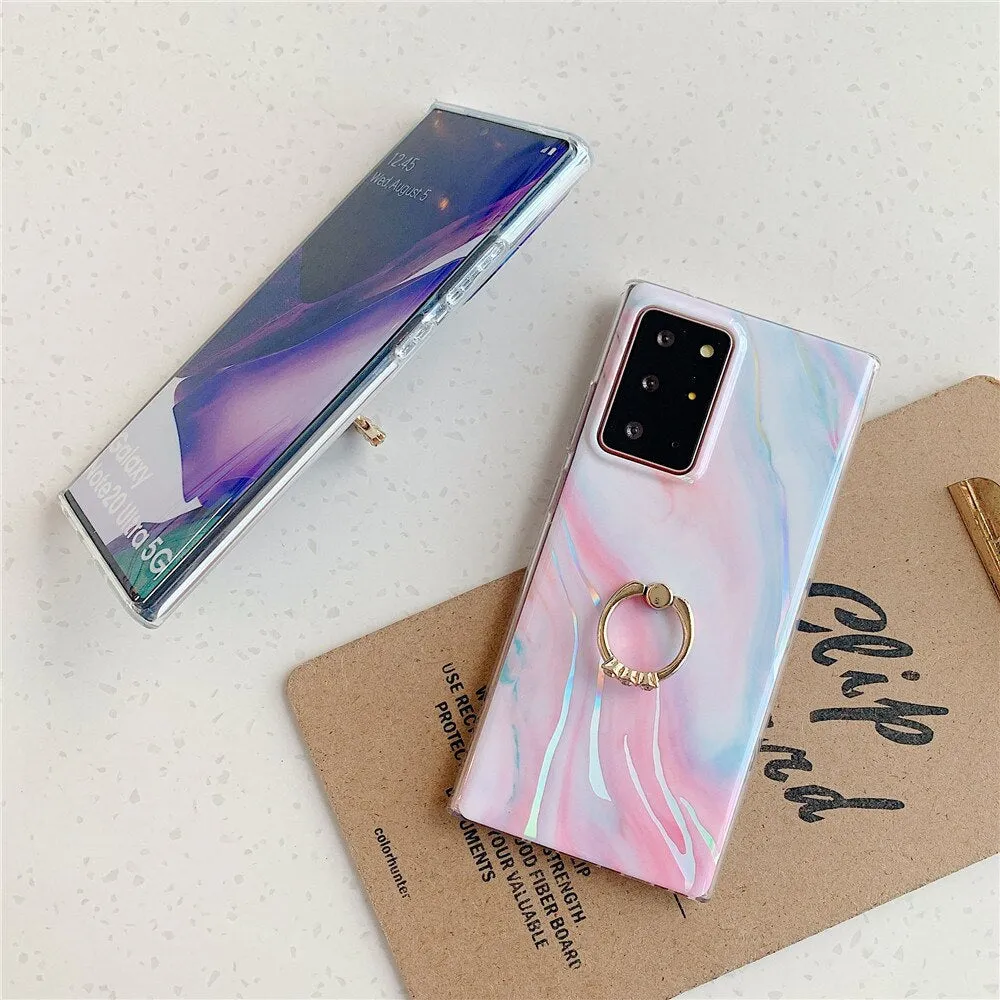 Anymob Samsung Green Leaf Laser Marble Gradient Phone Case Ring Holder Back Cover