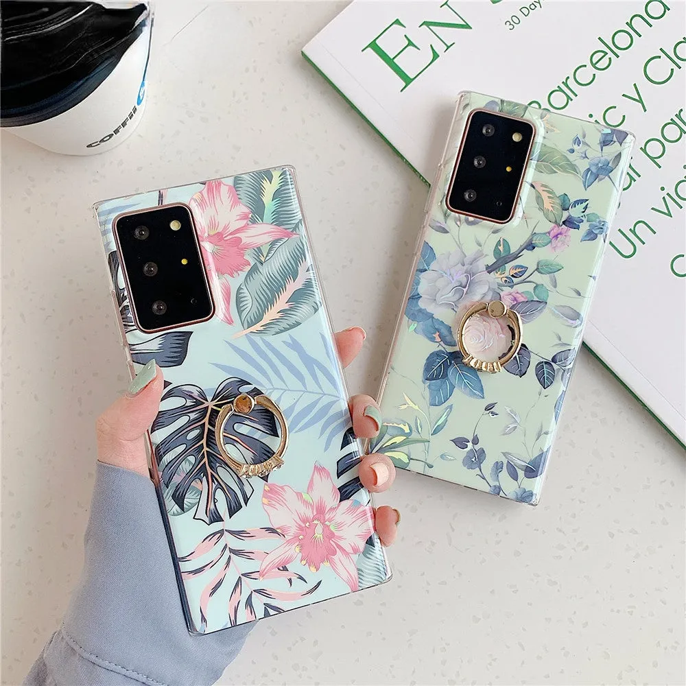 Anymob Samsung Green Leaf Laser Marble Gradient Phone Case Ring Holder Back Cover
