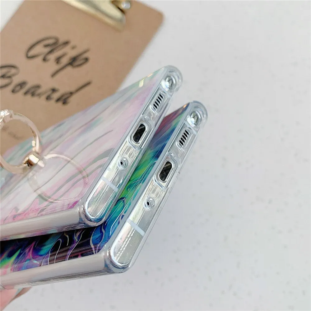 Anymob Samsung Green Leaf Laser Marble Gradient Phone Case Ring Holder Back Cover