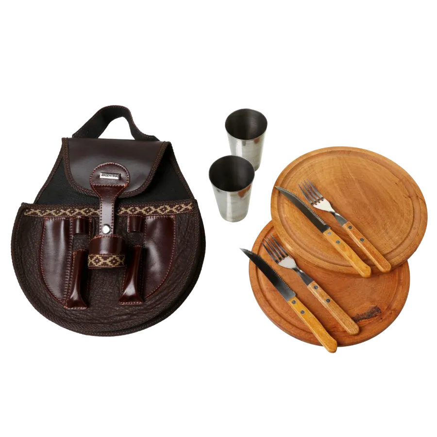 BBQ Set Round Double Case - Brown Buffalo Leather