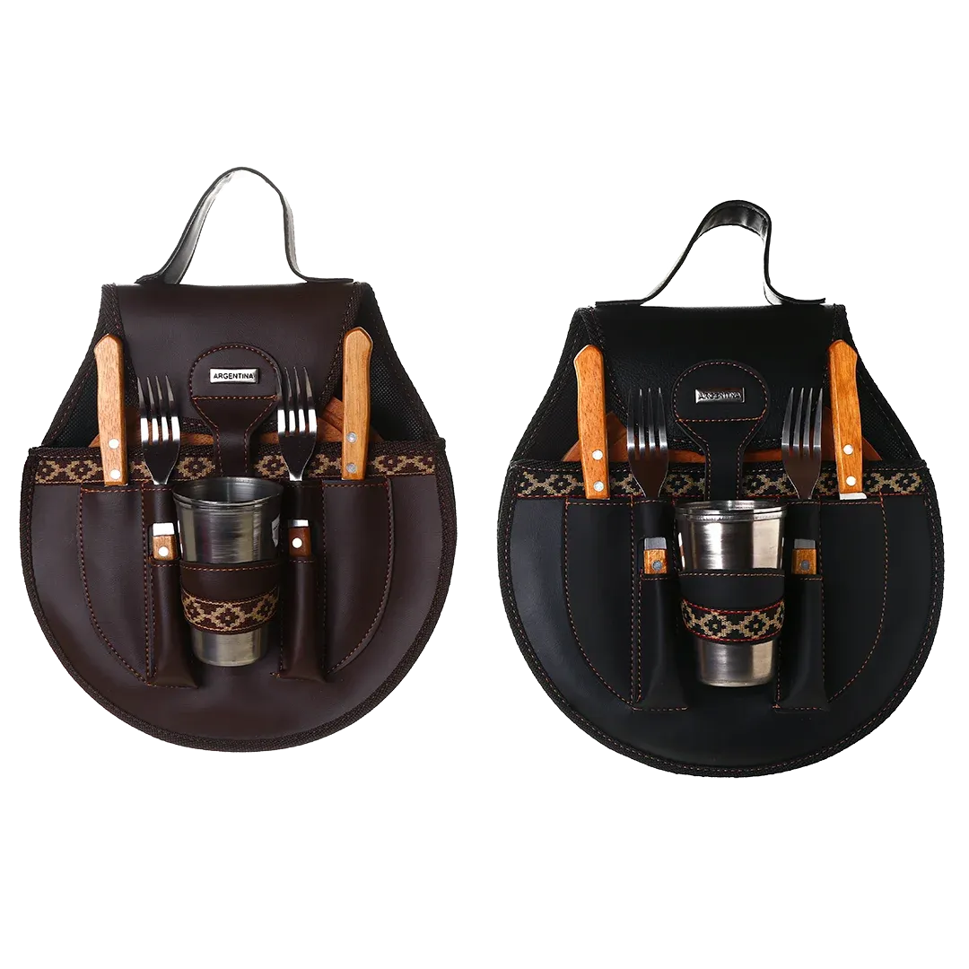 BBQ Set Round Double Case - Brown Eco Leather