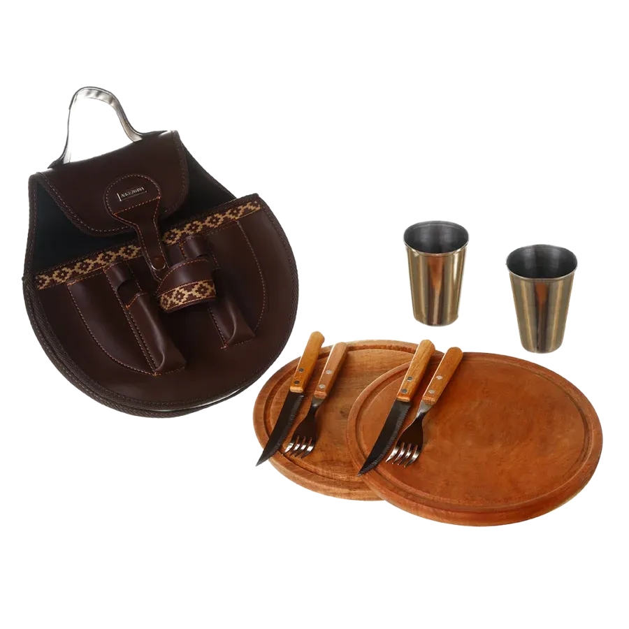 BBQ Set Round Double Case - Brown Eco Leather