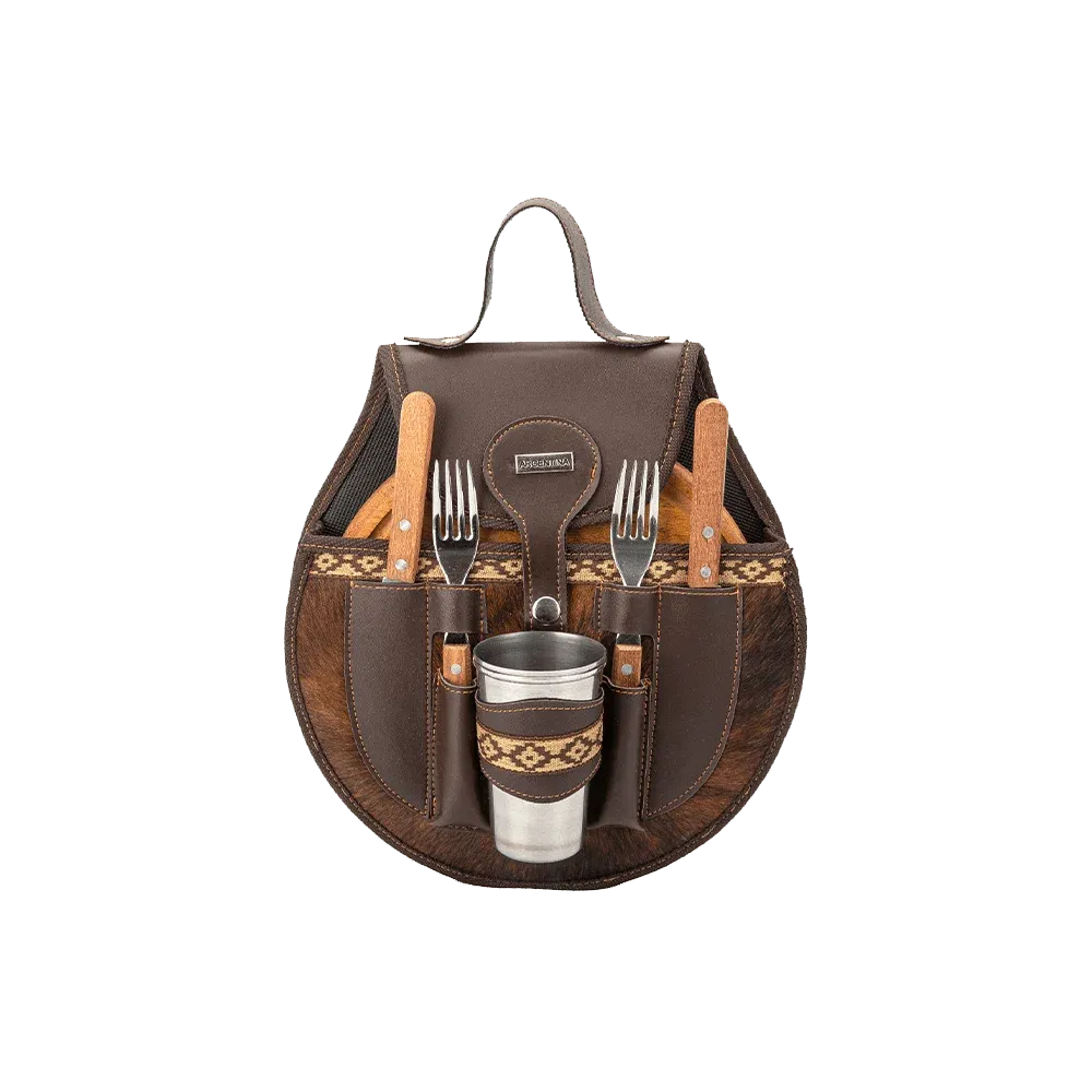 BBQ Set Round Double Case - Brown Natural Leather with Fur