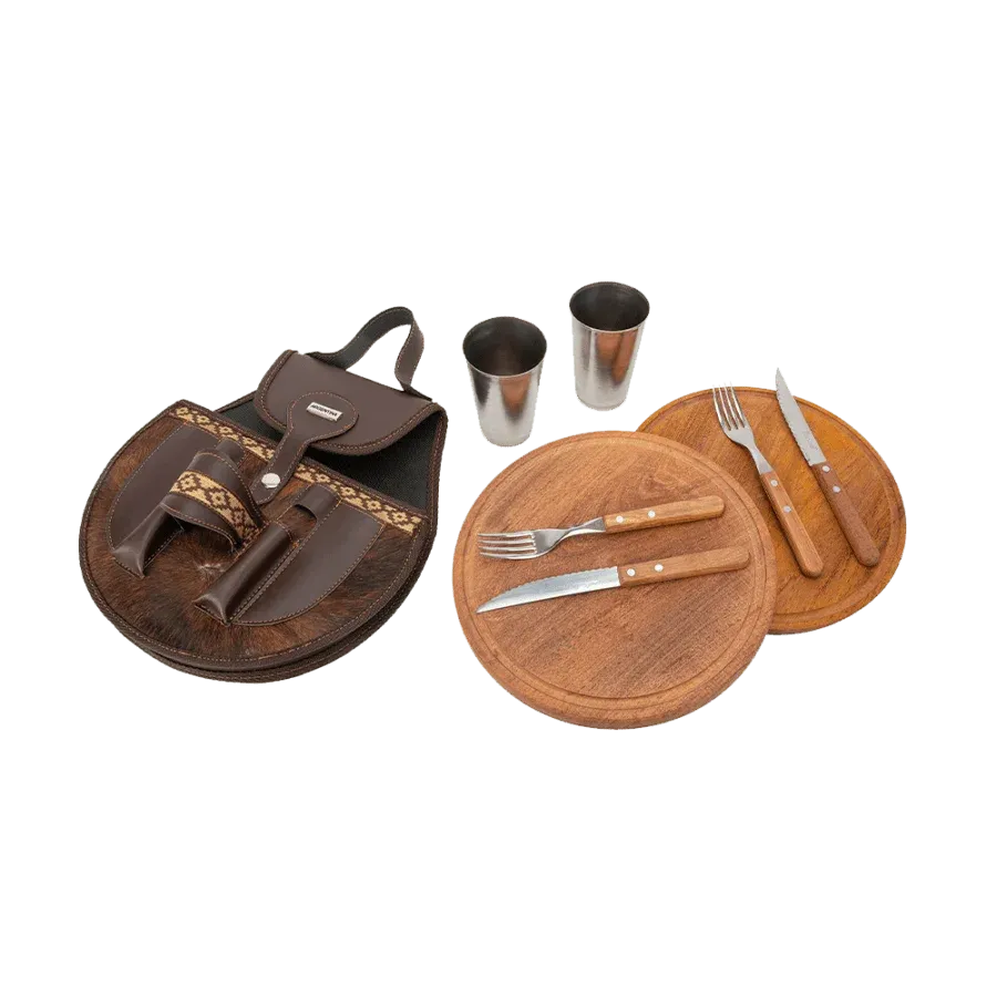BBQ Set Round Double Case - Brown Natural Leather with Fur