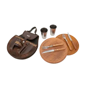 BBQ Set Round Double Case - Brown Natural Leather with Fur