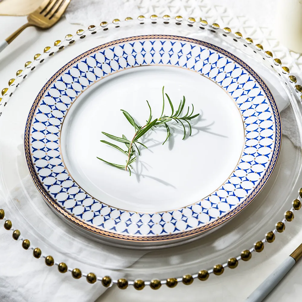 Beaded Dot Inlaid Golden Rim Dinner Plate