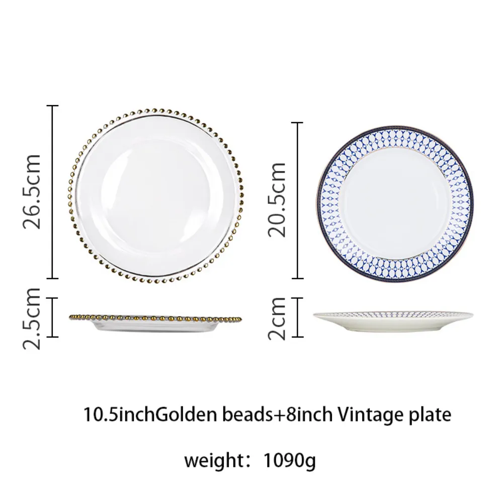 Beaded Dot Inlaid Golden Rim Dinner Plate