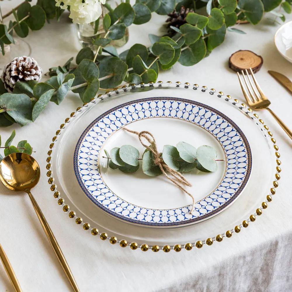 Beaded Dot Inlaid Golden Rim Dinner Plate