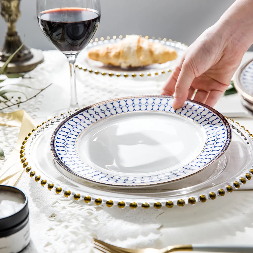 Beaded Dot Inlaid Golden Rim Dinner Plate
