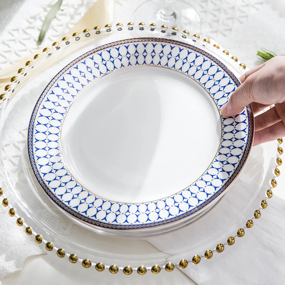 Beaded Dot Inlaid Golden Rim Dinner Plate