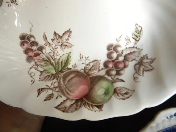 Brown Polychrome Transferware Oval  Vegetable Serving Bowl Apples Grapes Green Red and Brown