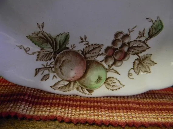 Brown Polychrome Transferware Oval  Vegetable Serving Bowl Apples Grapes Green Red and Brown