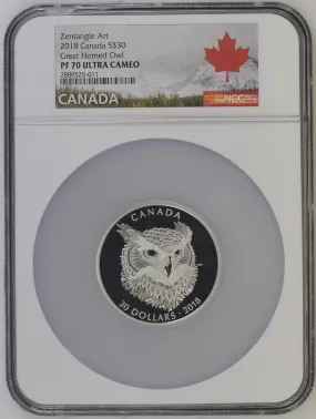 Canada Silver 2018 $30 Great Horned Owl - Zentangle Art 2.016oz, .9999