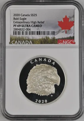 Canada Silver 2020 $25 Proud Bald Eagle, Extraordinary High Relief PF 1.017oz, .9999