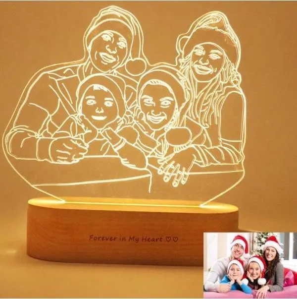 Custom Any Shape 3D Acrylic Lamp Picture Night Light With Engraved Wooden Base