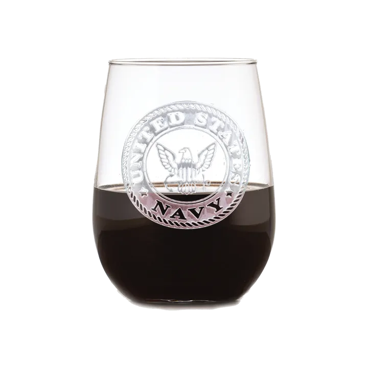 Deep Carved Navy Logo Stemless Wine Glass