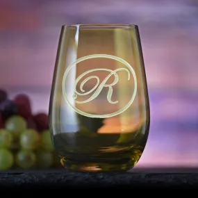 Etched Green Stemless Wine Glass Tumbler by Crystal Imagery