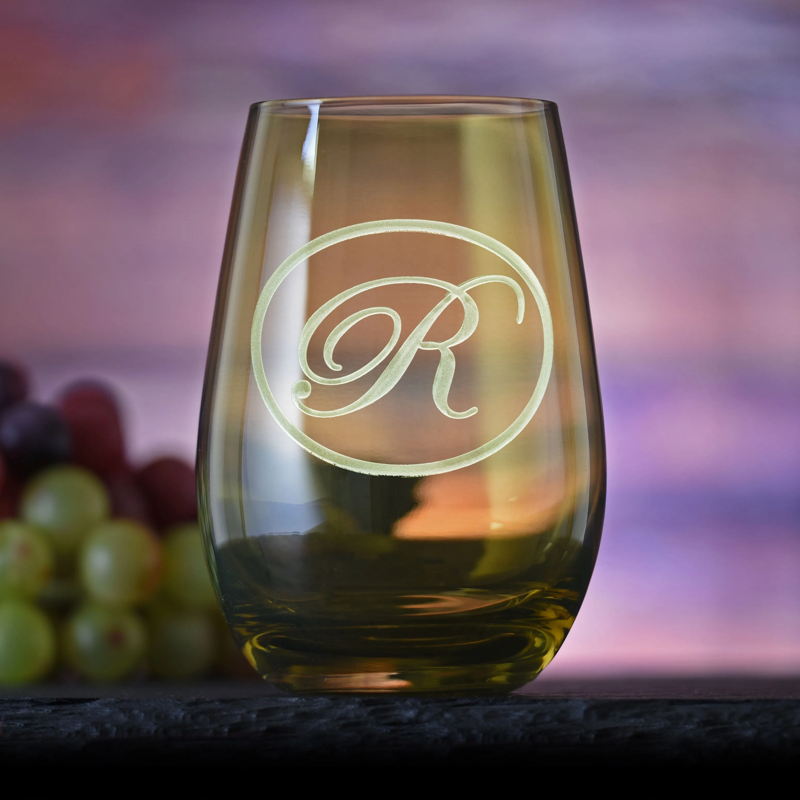 Etched Green Stemless Wine Glass Tumbler by Crystal Imagery