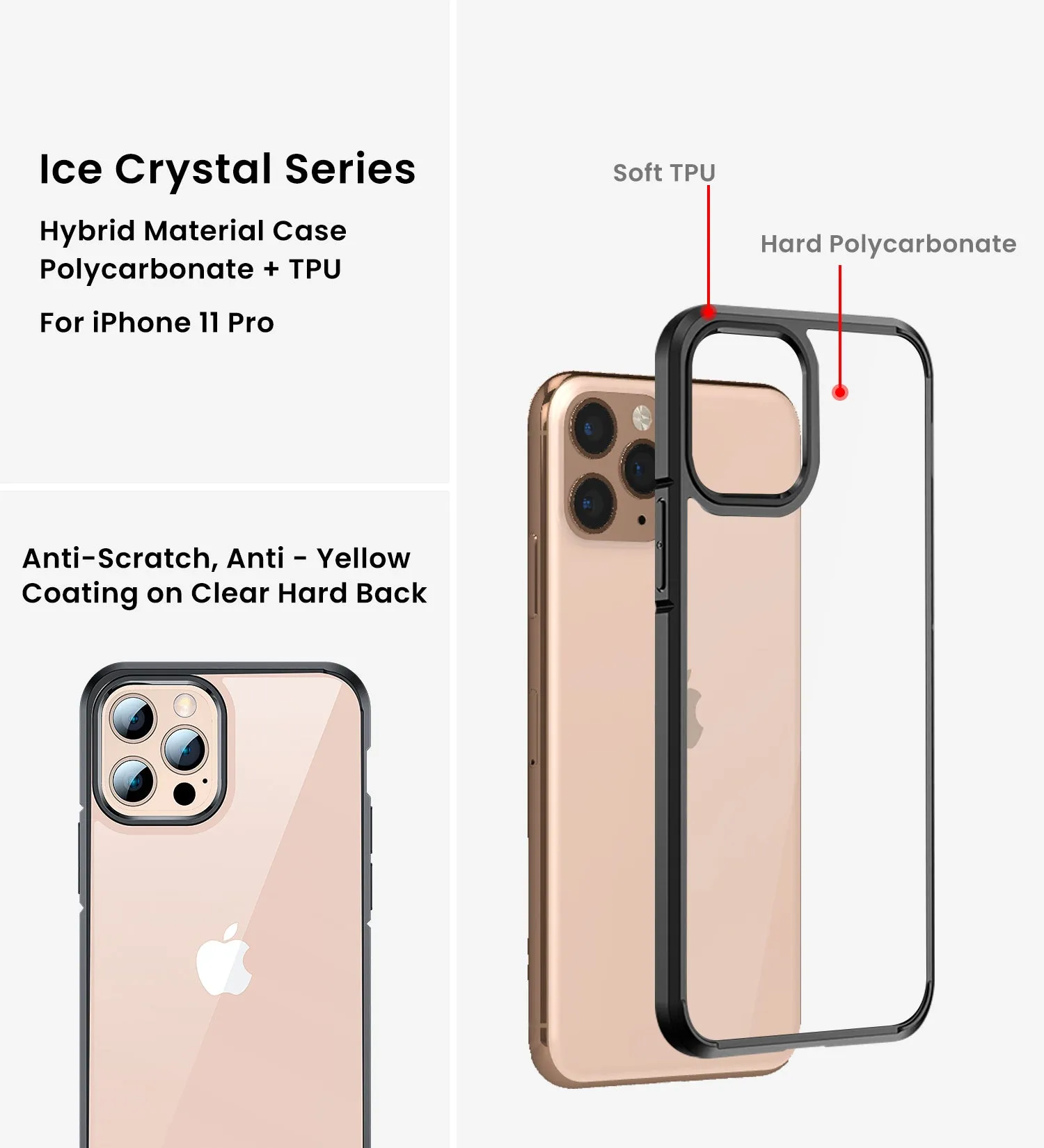 Ice Crystal Series Hybrid Scratch-Resistant Transparent PC Military Grade TPU Back Cover for Apple iPhone 11 Pro, 5.8 inch, Space Black