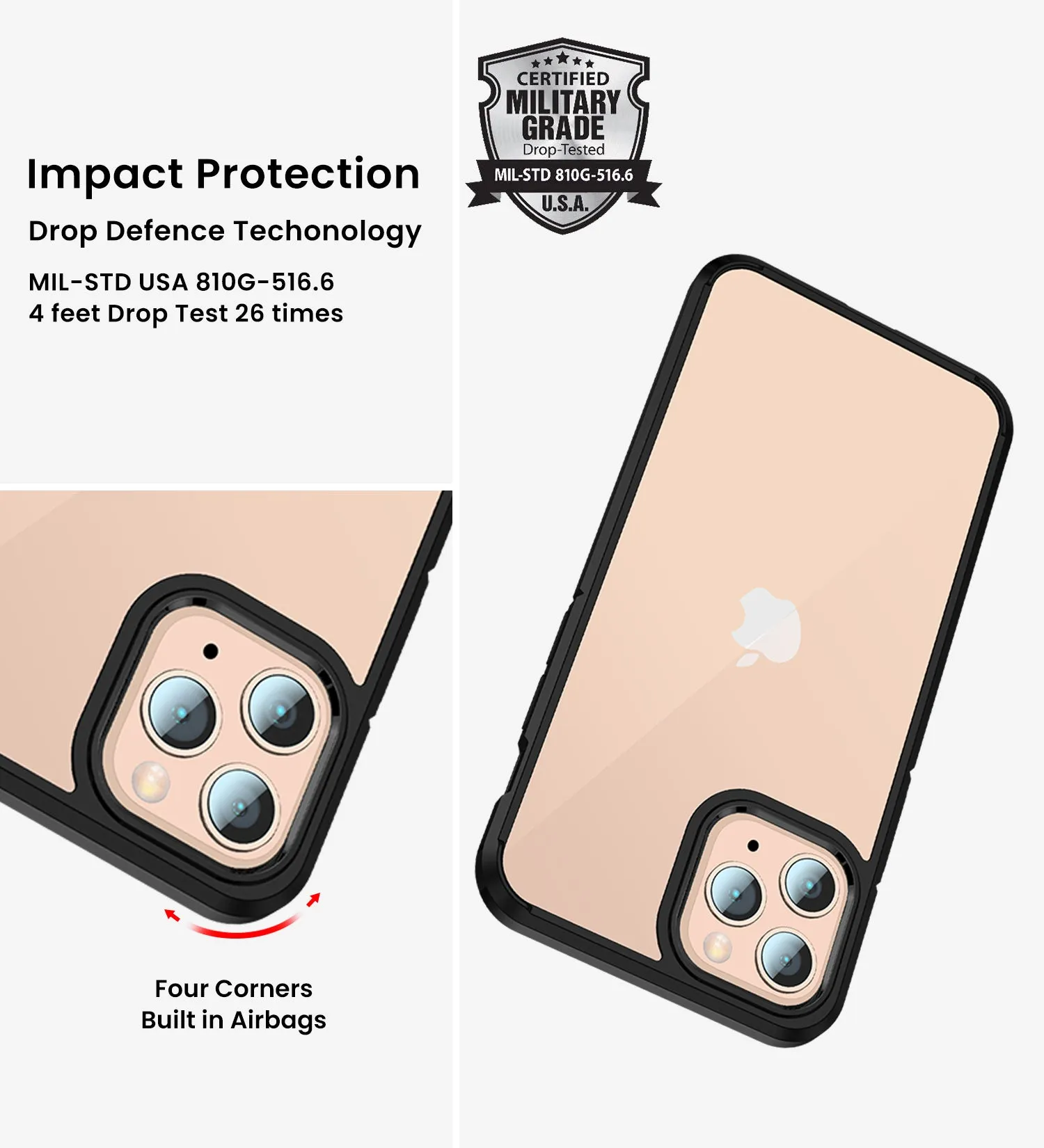 Ice Crystal Series Hybrid Scratch-Resistant Transparent PC Military Grade TPU Back Cover for Apple iPhone 11 Pro, 5.8 inch, Space Black