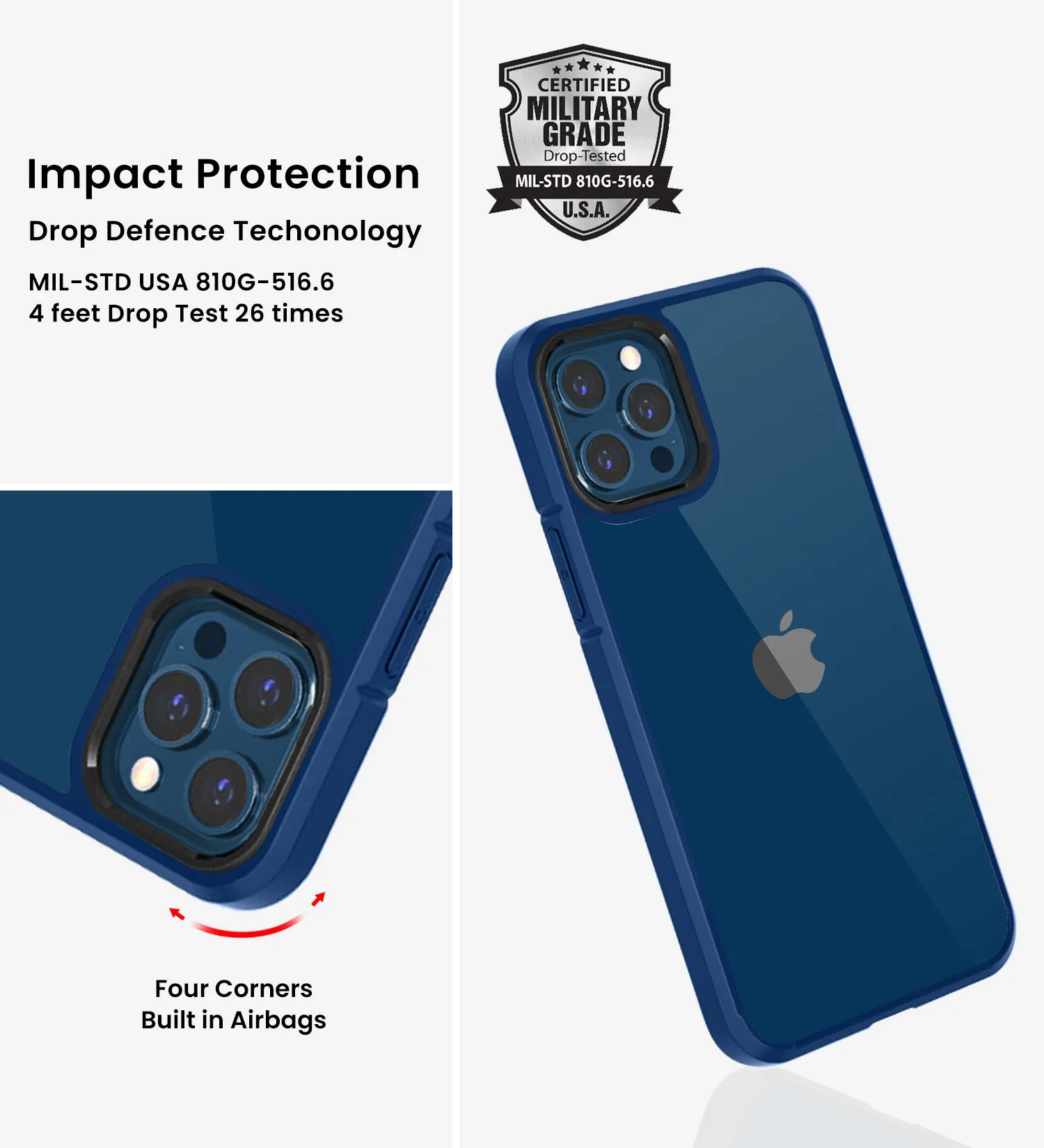 Ice Crystal Series Hybrid Scratch-Resistant Transparent PC Military Grade TPU Back Cover for Apple iPhone 12 Pro, 6.1 inch, Deep Blue