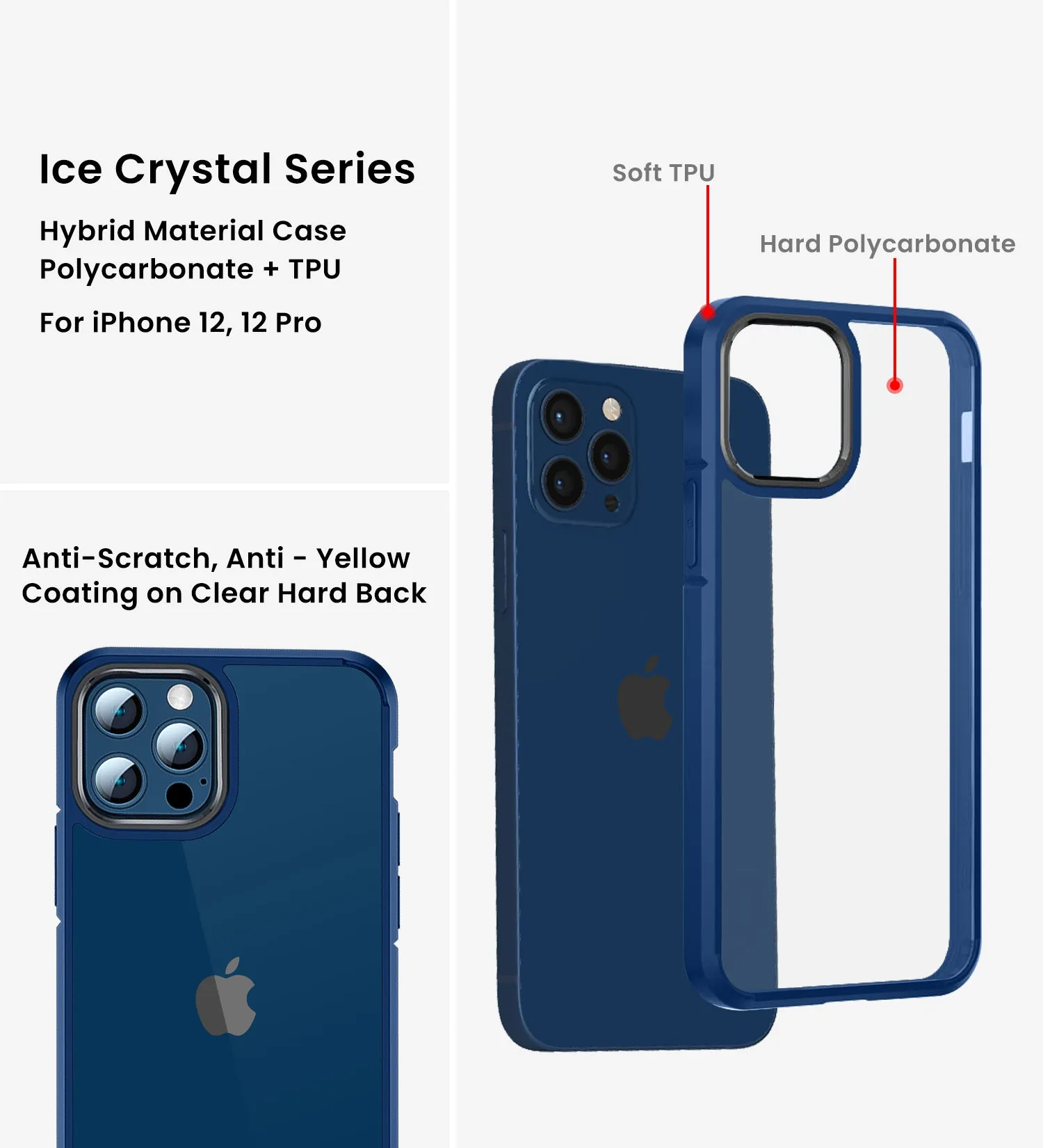Ice Crystal Series Hybrid Scratch-Resistant Transparent PC Military Grade TPU Back Cover for Apple iPhone 12 Pro, 6.1 inch, Deep Blue