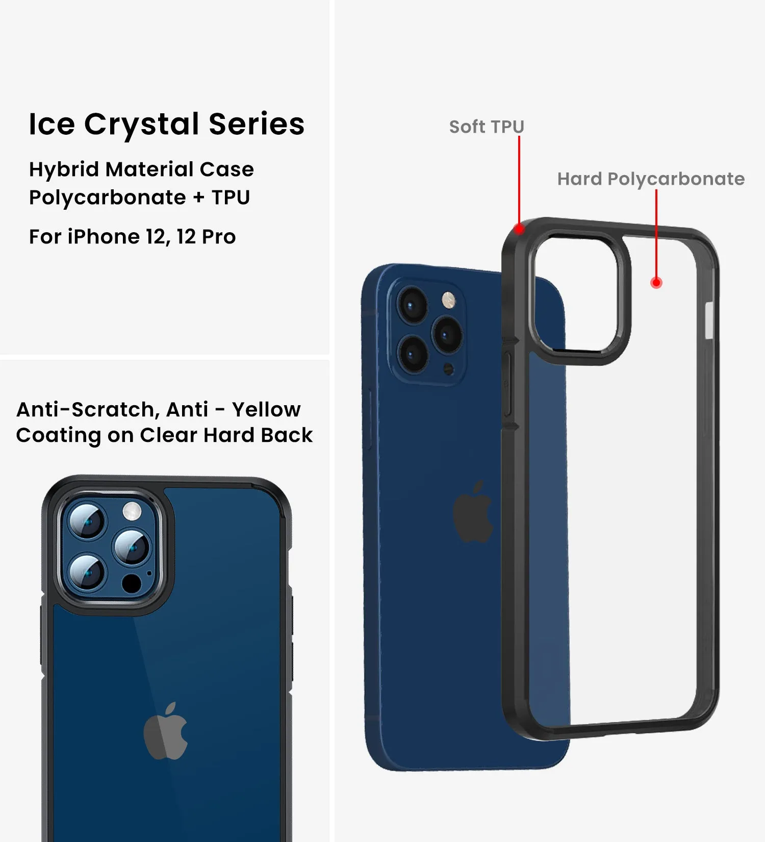 Ice Crystal Series Hybrid Scratch-Resistant Transparent PC Military Grade TPU Back Cover for Apple iPhone 12 Pro, 6.1 inch, Space Black