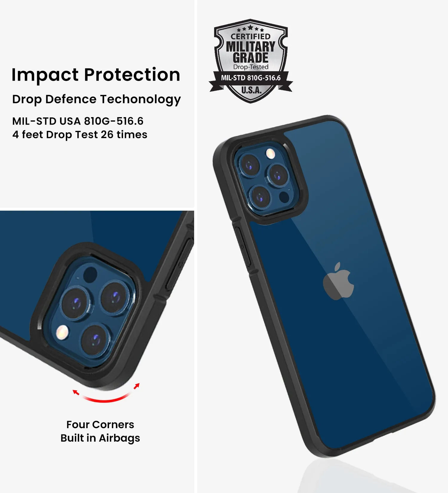 Ice Crystal Series Hybrid Scratch-Resistant Transparent PC Military Grade TPU Back Cover for Apple iPhone 12 Pro, 6.1 inch, Space Black