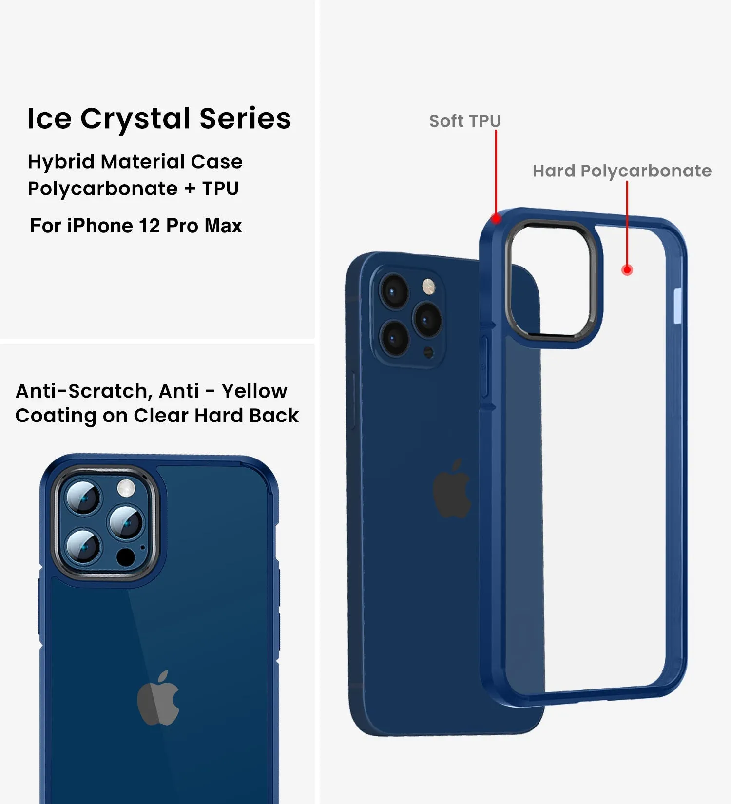 Ice Crystal Series Hybrid Scratch-Resistant Transparent PC Military Grade TPU Back Cover for Apple iPhone 12 Pro Max, 6.7 inch, Deep Blue