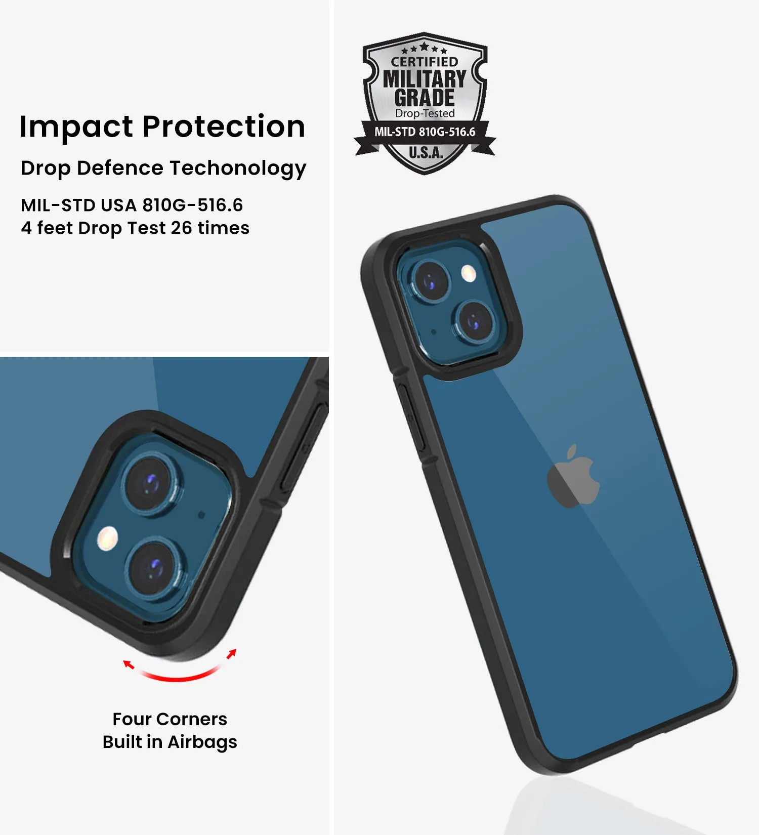 Ice Crystal Series Hybrid Scratch-Resistant Transparent PC Military Grade TPU Back Cover for Apple iPhone 13, 6.1 inch, Space Black