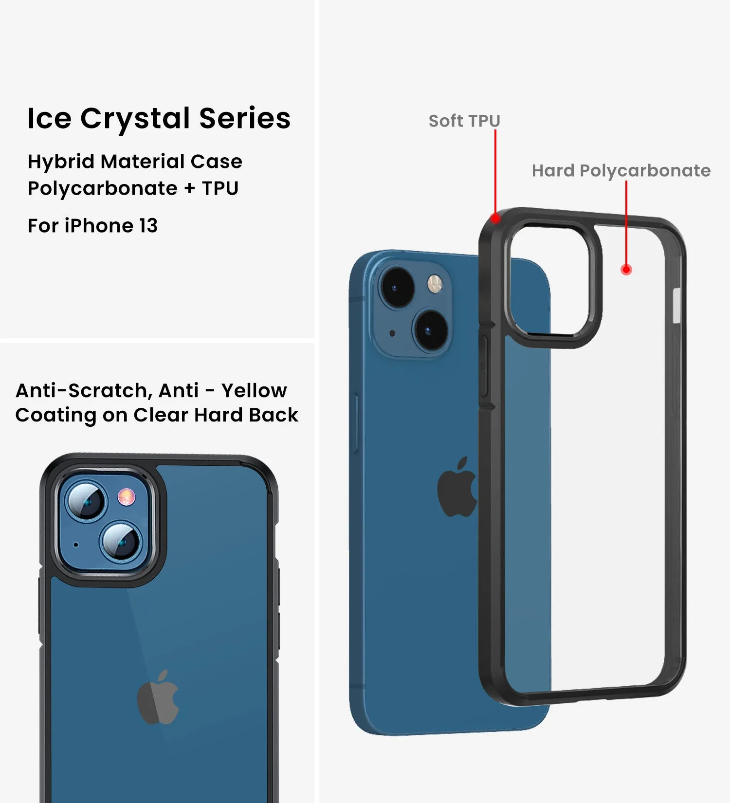 Ice Crystal Series Hybrid Scratch-Resistant Transparent PC Military Grade TPU Back Cover for Apple iPhone 13, 6.1 inch, Space Black