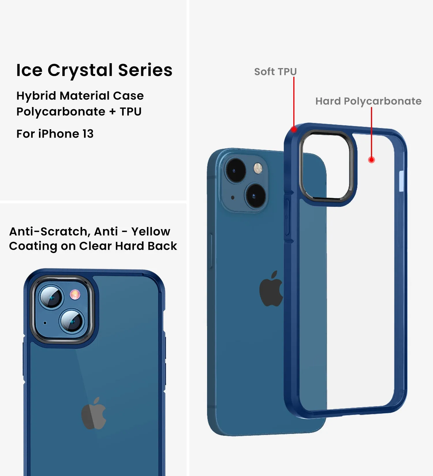 Ice Crystal Series Hybrid Scratch-Resistant Transparent PC Military Grade TPU Back Cover for Apple iPhone 13 Mini, 5.4 inch, Deep Blue