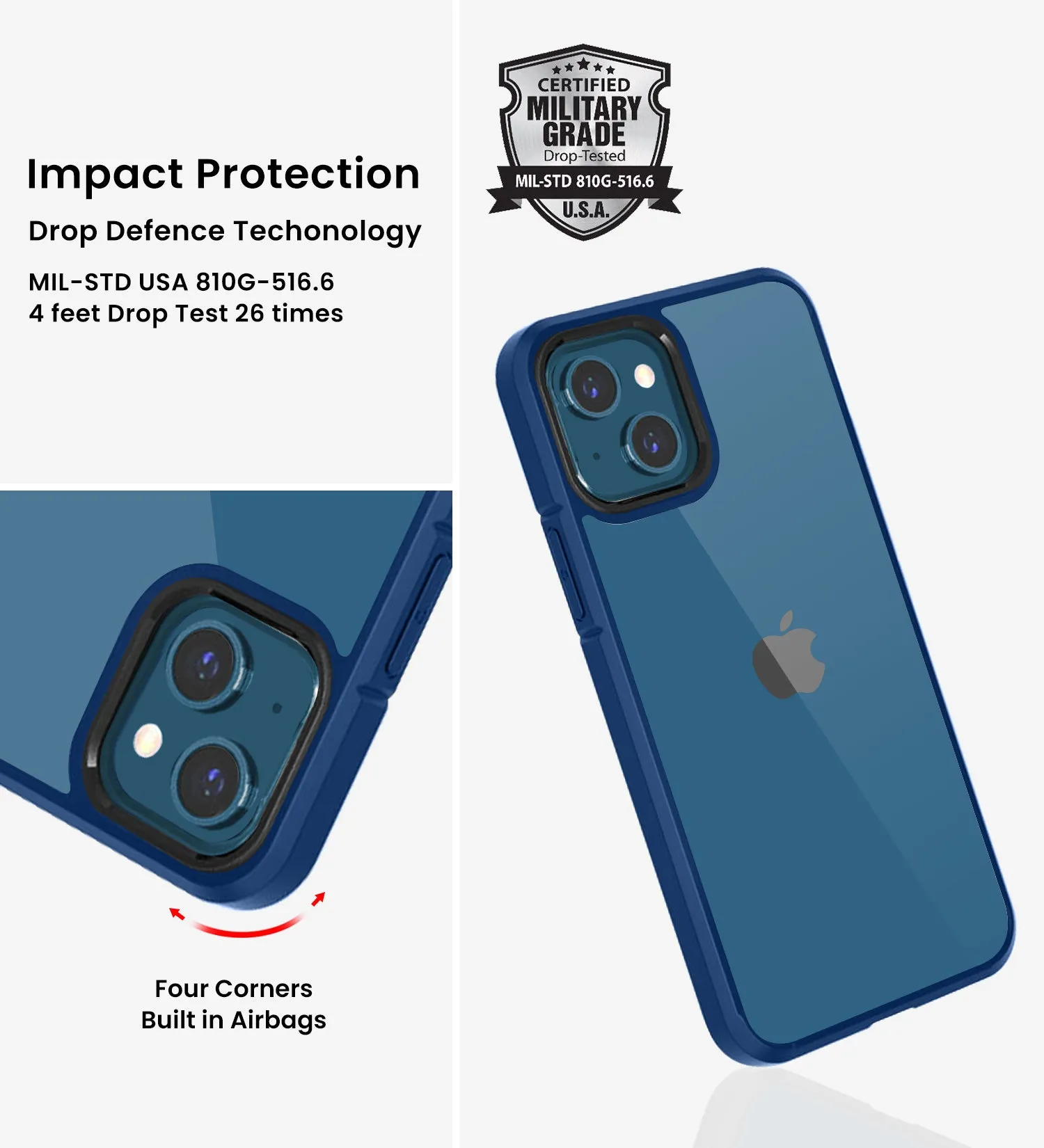 Ice Crystal Series Hybrid Scratch-Resistant Transparent PC Military Grade TPU Back Cover for Apple iPhone 13 Mini, 5.4 inch, Deep Blue