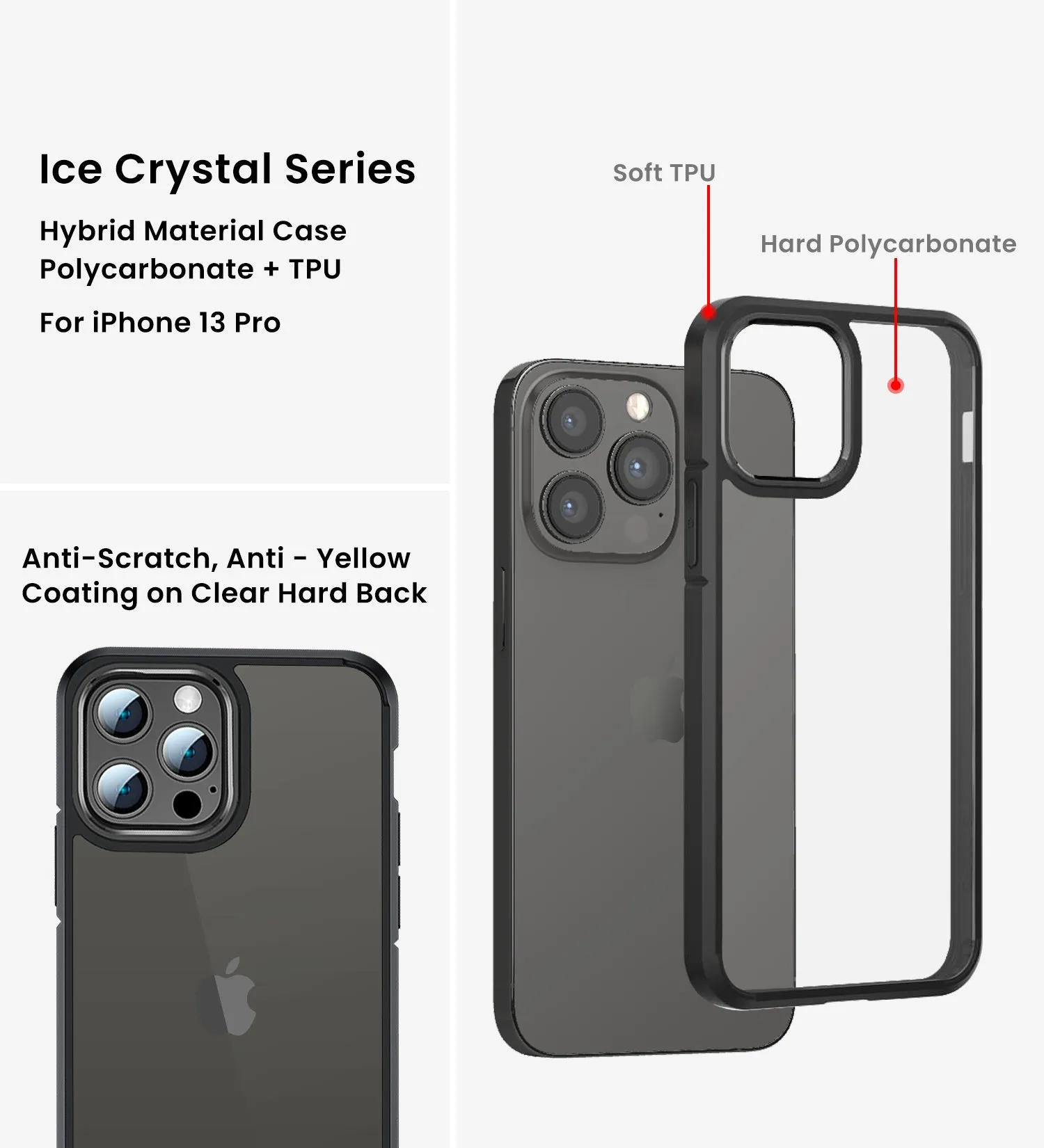 Ice Crystal Series Hybrid Scratch-Resistant Transparent PC Military Grade TPU Back Cover for Apple iPhone 13 Pro, 6.1 inch, Space Black