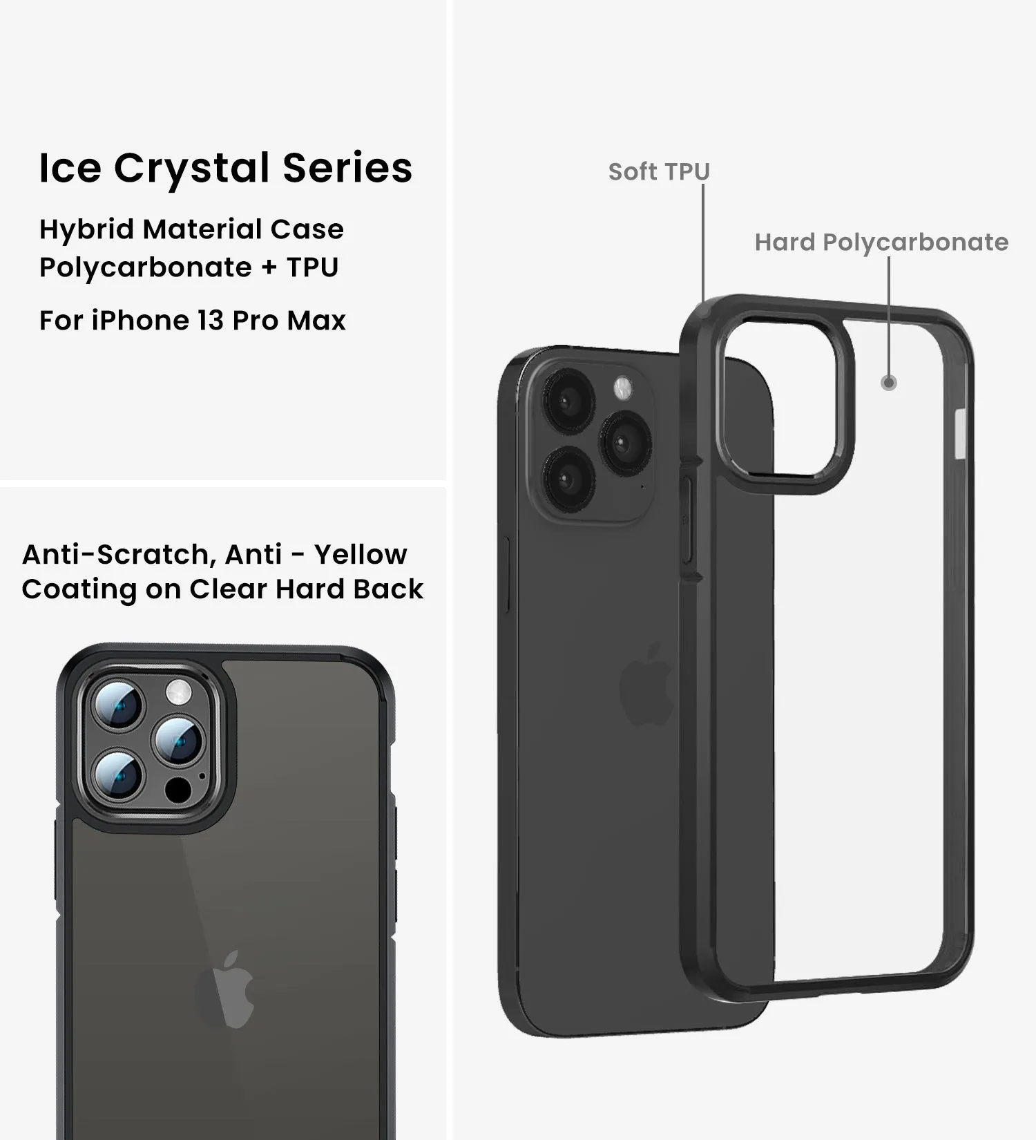 Ice Crystal Series Hybrid Scratch-Resistant Transparent PC Military Grade TPU Back Cover for Apple iPhone 13 Pro Max, 6.7 inch, Space Black