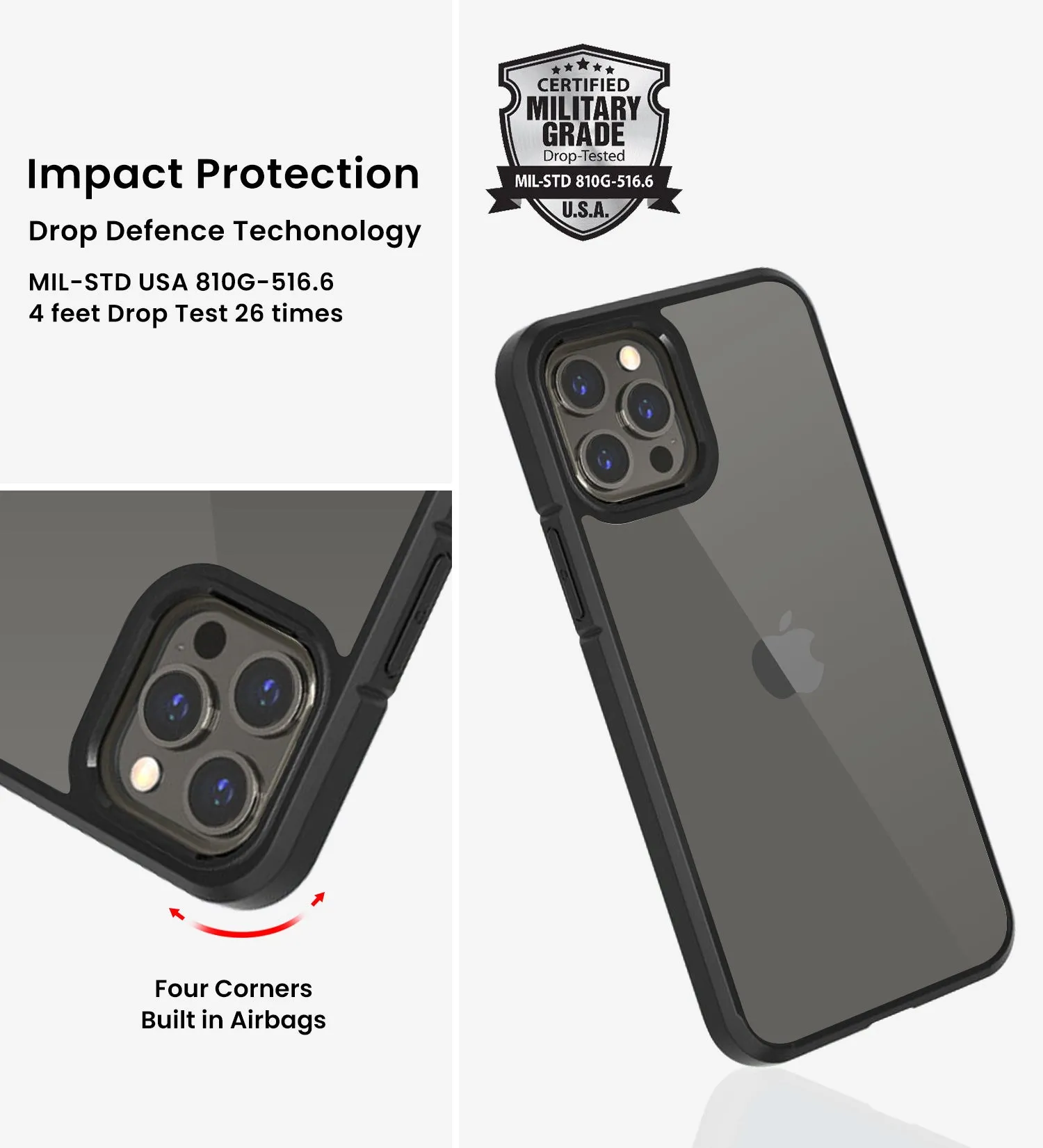Ice Crystal Series Hybrid Scratch-Resistant Transparent PC Military Grade TPU Back Cover for Apple iPhone 13 Pro Max, 6.7 inch, Space Black