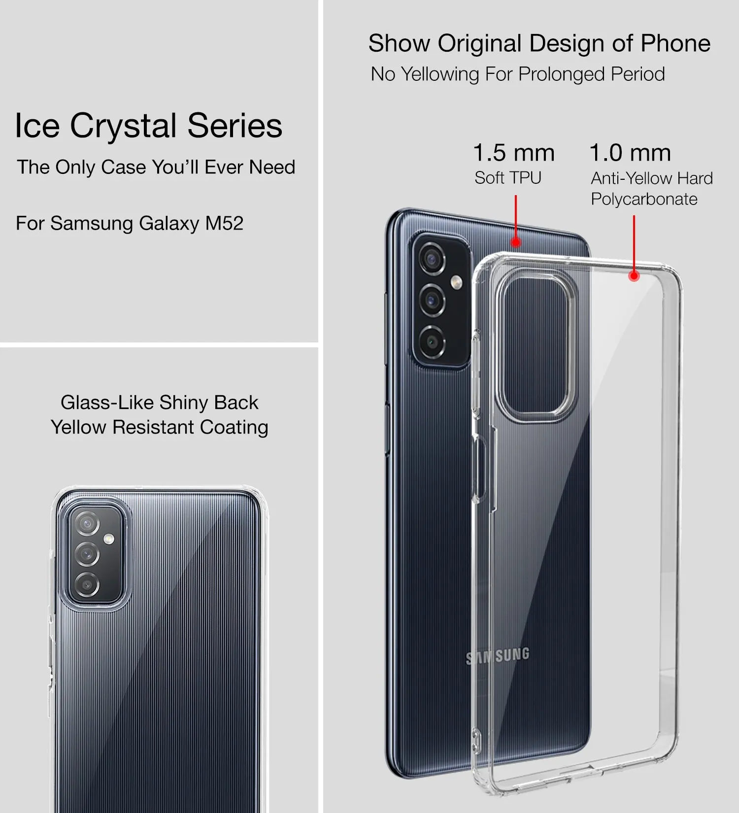 Ice Crystal Series Hybrid Scratch-Resistant Transparent PC Military Grade TPU Back Cover for Samsung Galaxy M52 5G, 6.7 inch, Crystal Clear