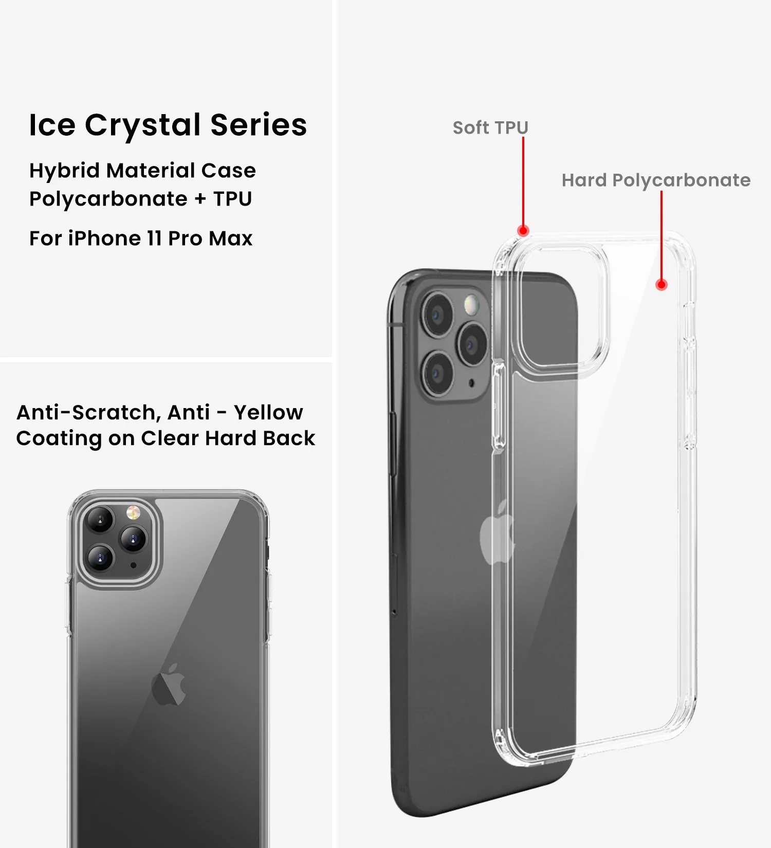 Ice Crystal Series Hybrid Scratch-Resistant Transparent PC Military Grade TPU Case for Apple iPhone 11 Pro Max, 6.5 inch, Crystal Clear