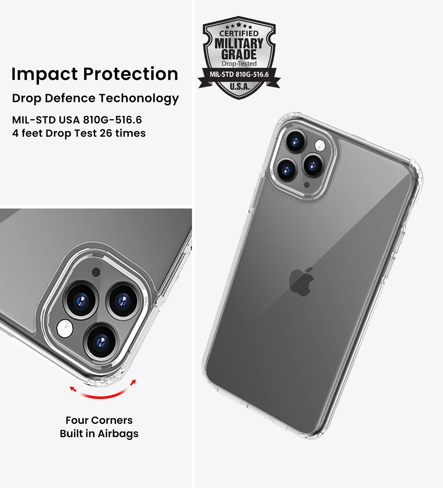 Ice Crystal Series Hybrid Scratch-Resistant Transparent PC Military Grade TPU Case for Apple iPhone 11 Pro Max, 6.5 inch, Crystal Clear