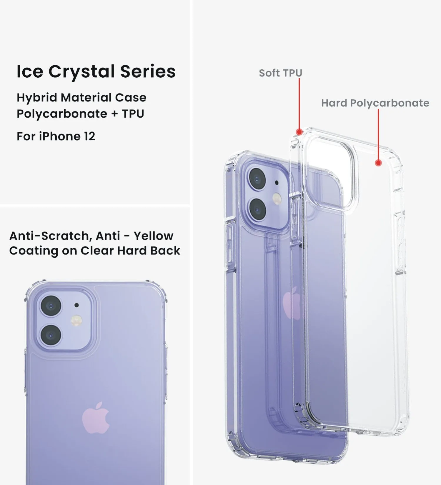 Ice Crystal Series Hybrid Scratch-Resistant Transparent PC Military Grade TPU Case for Apple iPhone 12, 6.1 inch, Crystal Clear